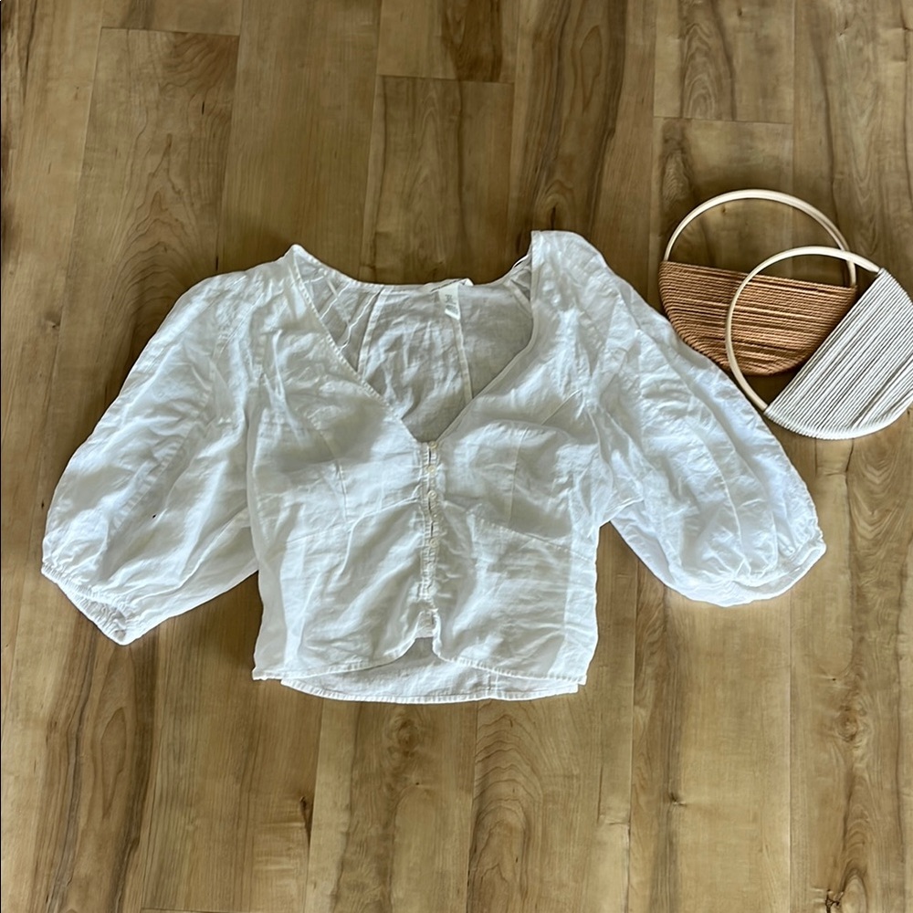 H&M White Puff Sleeve Crop Blouse
